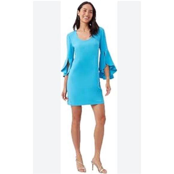 Trina Turk Babette Blue Short Dress Bell Ruffled Sleeves SZ 14 - Picture 1 of 9